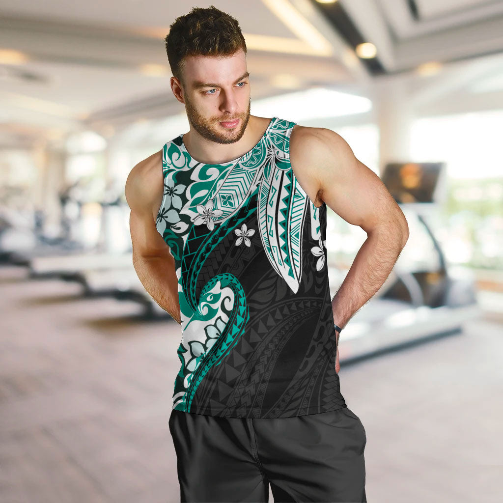Monstera Plumeria Flowers Teal Men Tank Top Polynesian Pattern