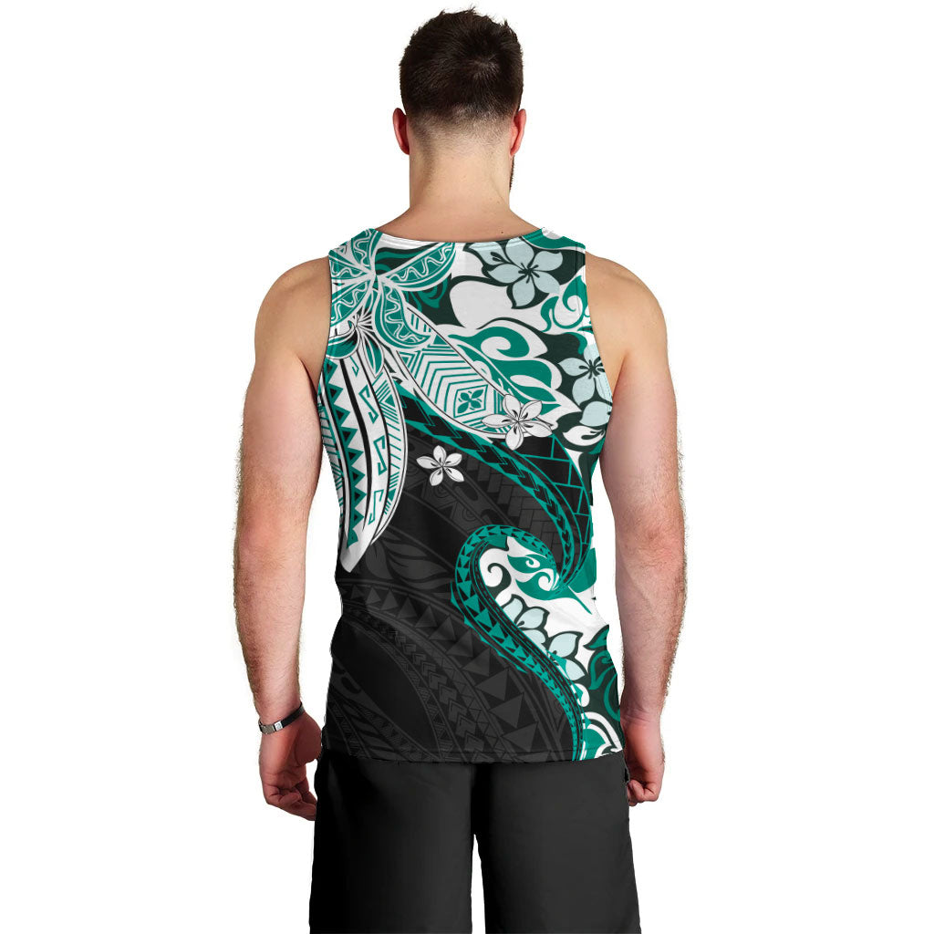 Monstera Plumeria Flowers Teal Men Tank Top Polynesian Pattern