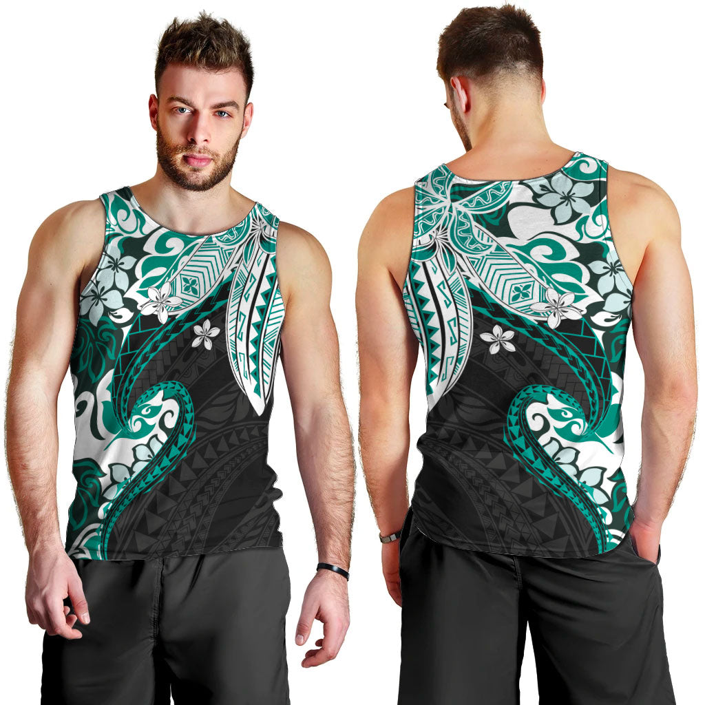 Monstera Plumeria Flowers Teal Men Tank Top Polynesian Pattern