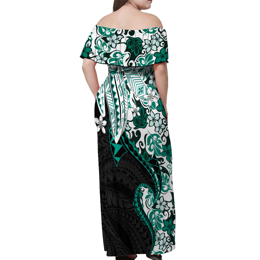 Monstera Plumeria Flowers Teal Off Shoulder Maxi Dress Polynesian Pattern
