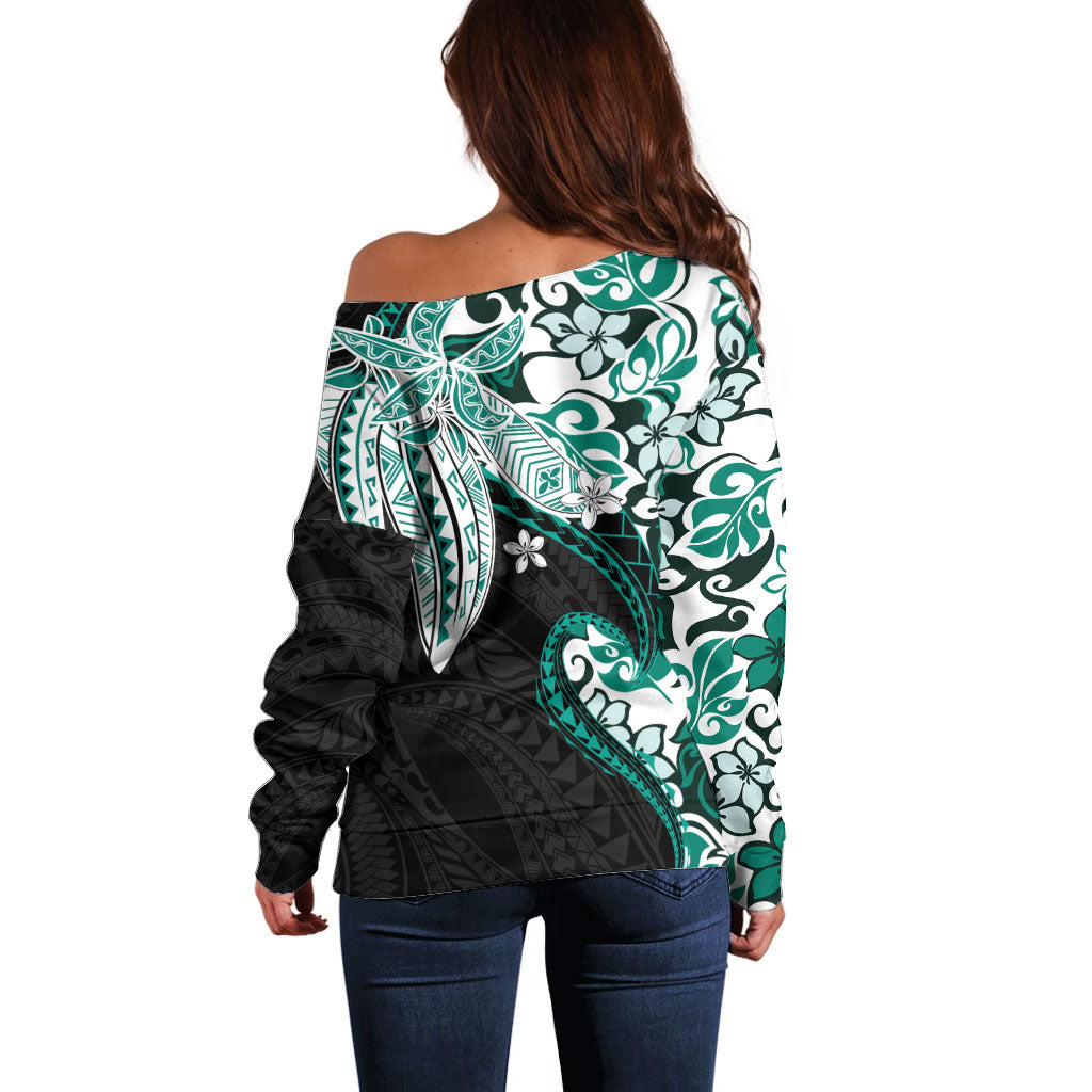 Monstera Plumeria Flowers Teal Off Shoulder Sweater Polynesian Pattern