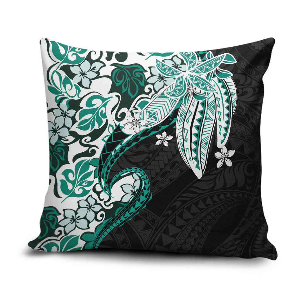 Monstera Plumeria Flowers Teal Pillow Cover Polynesian Pattern