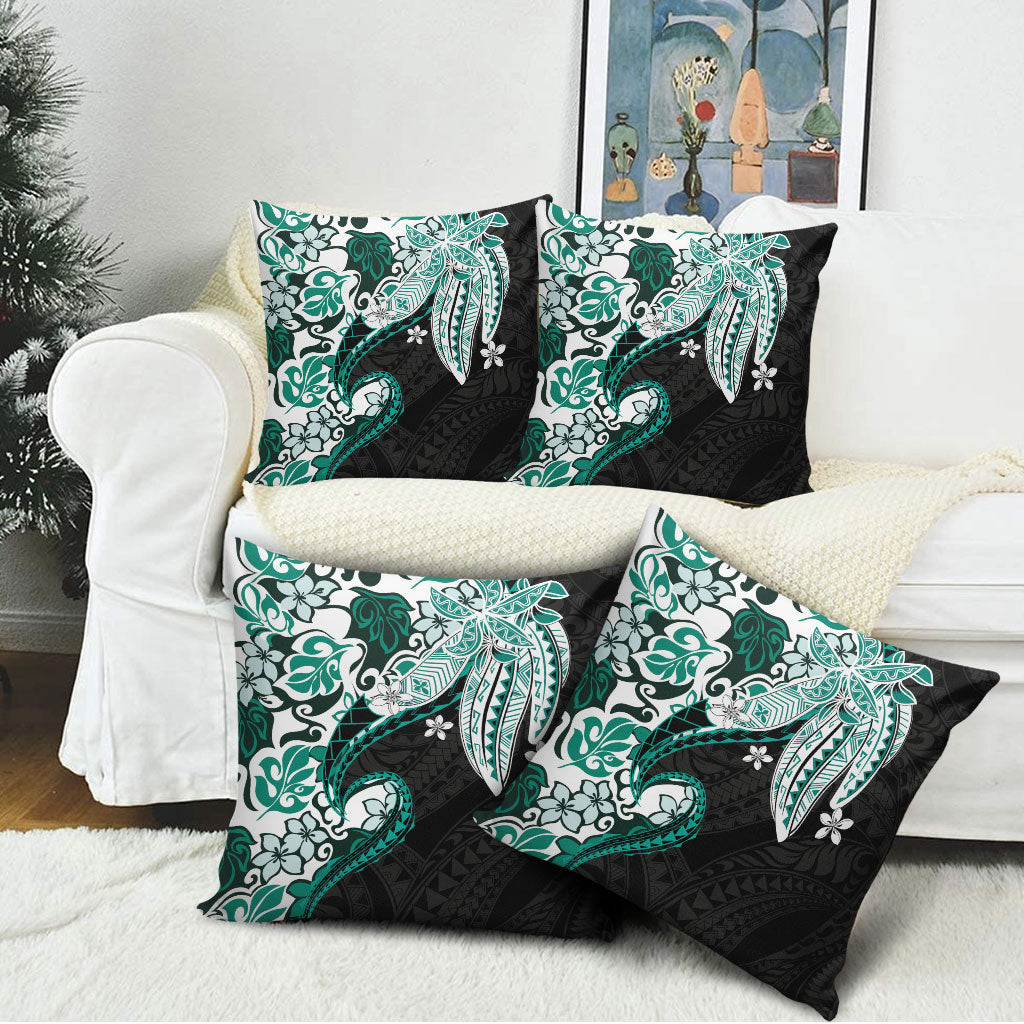 Monstera Plumeria Flowers Teal Pillow Cover Polynesian Pattern