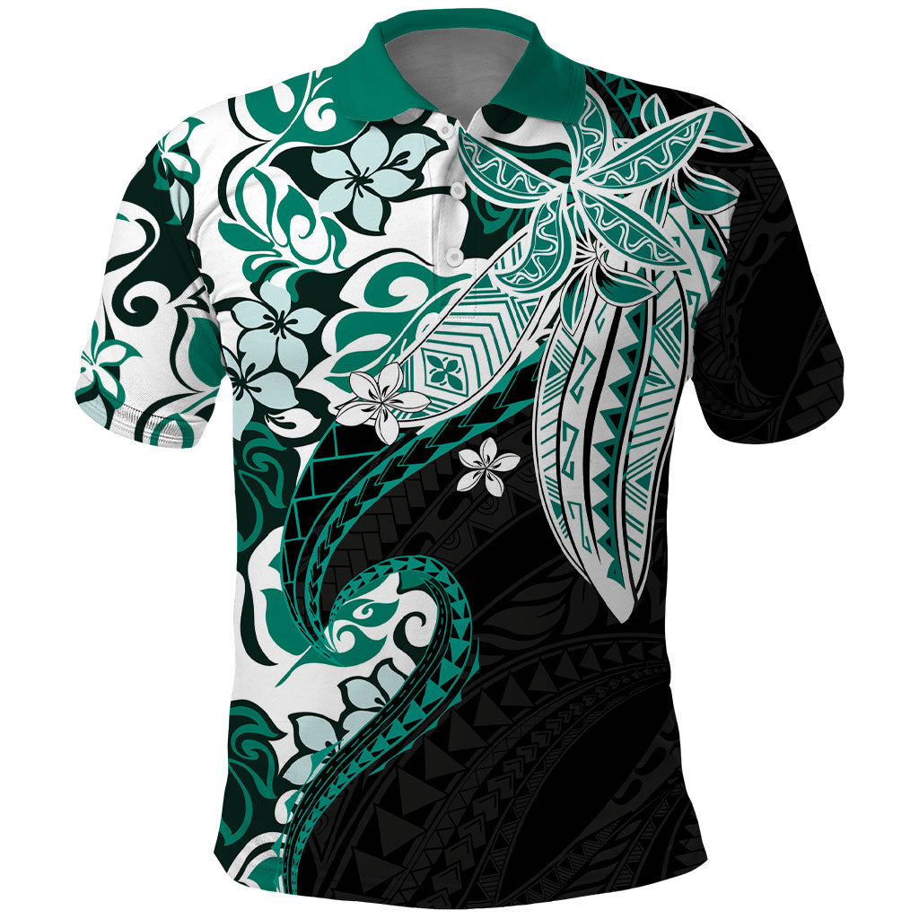 Monstera Plumeria Flowers Teal Polo Shirt Polynesian Pattern