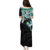 Monstera Plumeria Flowers Teal Puletasi Polynesian Pattern