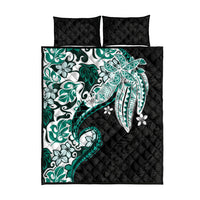 Monstera Plumeria Flowers Teal Quilt Bed Set Polynesian Pattern