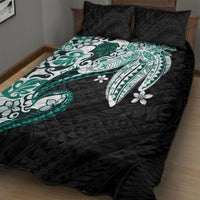 Monstera Plumeria Flowers Teal Quilt Bed Set Polynesian Pattern