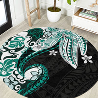 Monstera Plumeria Flowers Teal Round Carpet Polynesian Pattern