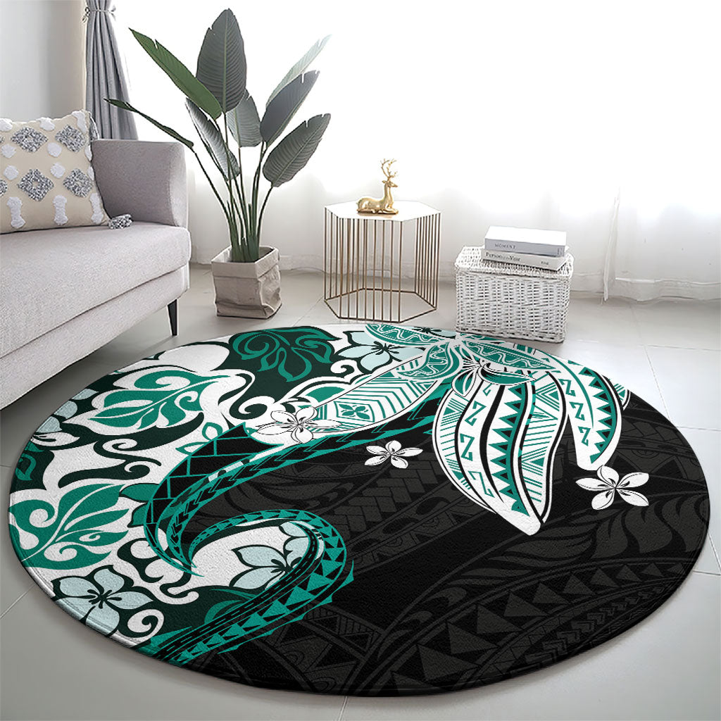 Monstera Plumeria Flowers Teal Round Carpet Polynesian Pattern