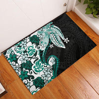 Monstera Plumeria Flowers Teal Rubber Doormat Polynesian Pattern