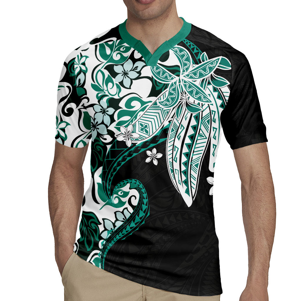 Monstera Plumeria Flowers Teal Rugby Jersey Polynesian Pattern