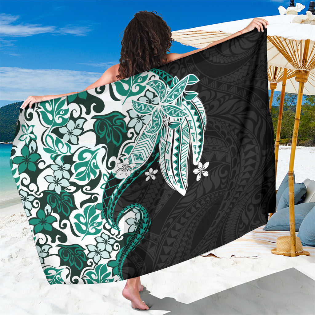Monstera Plumeria Flowers Teal Sarong Polynesian Pattern