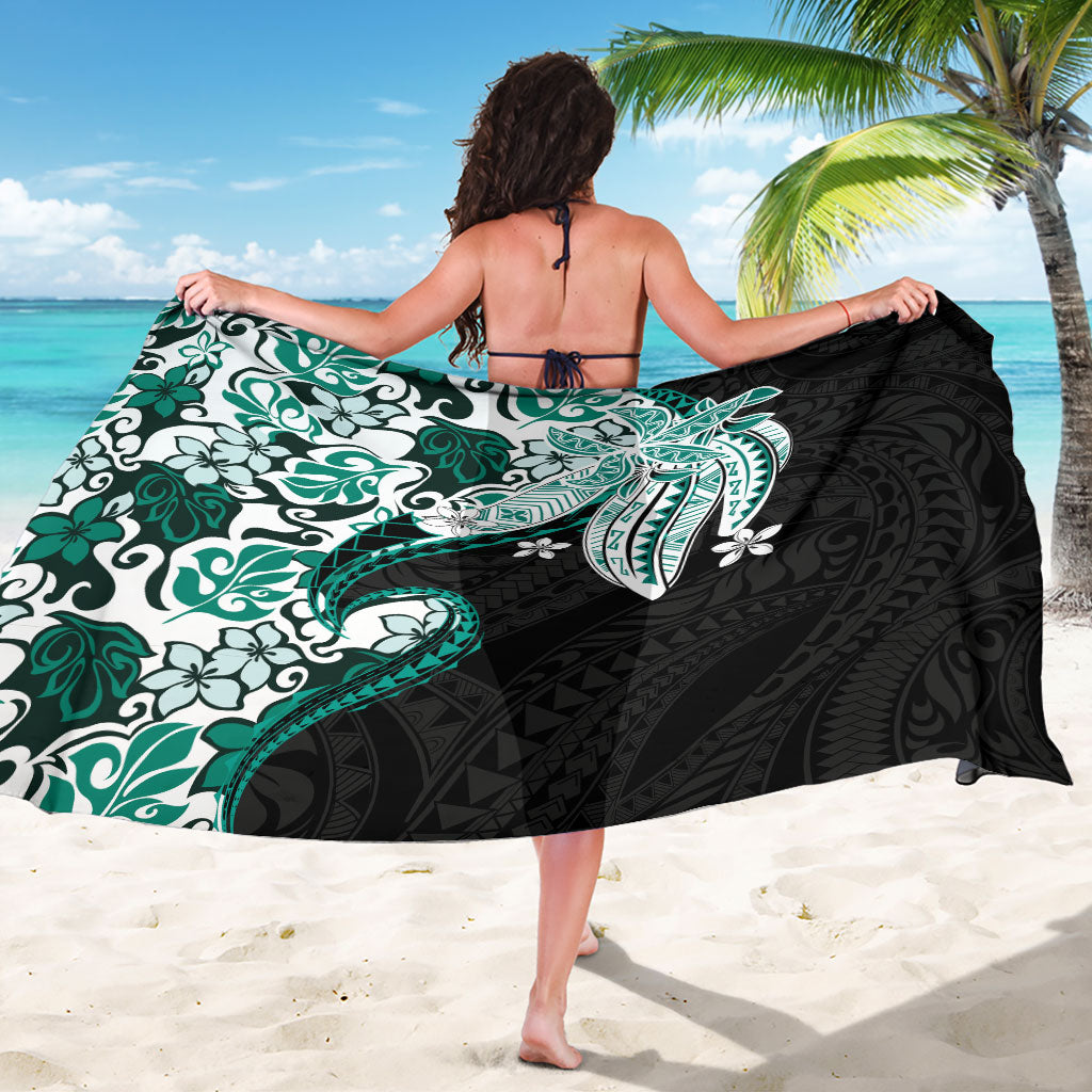 Monstera Plumeria Flowers Teal Sarong Polynesian Pattern