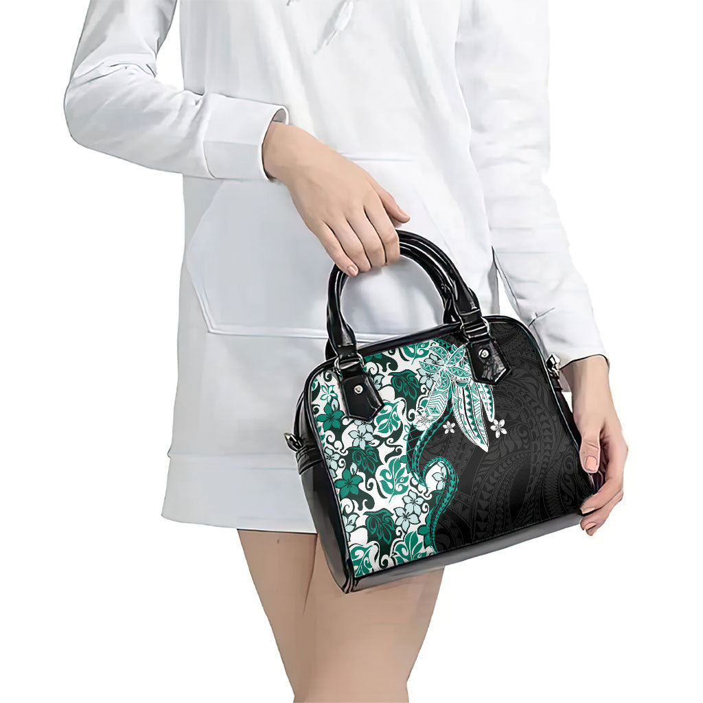 Monstera Plumeria Flowers Teal Shoulder Handbag Polynesian Pattern