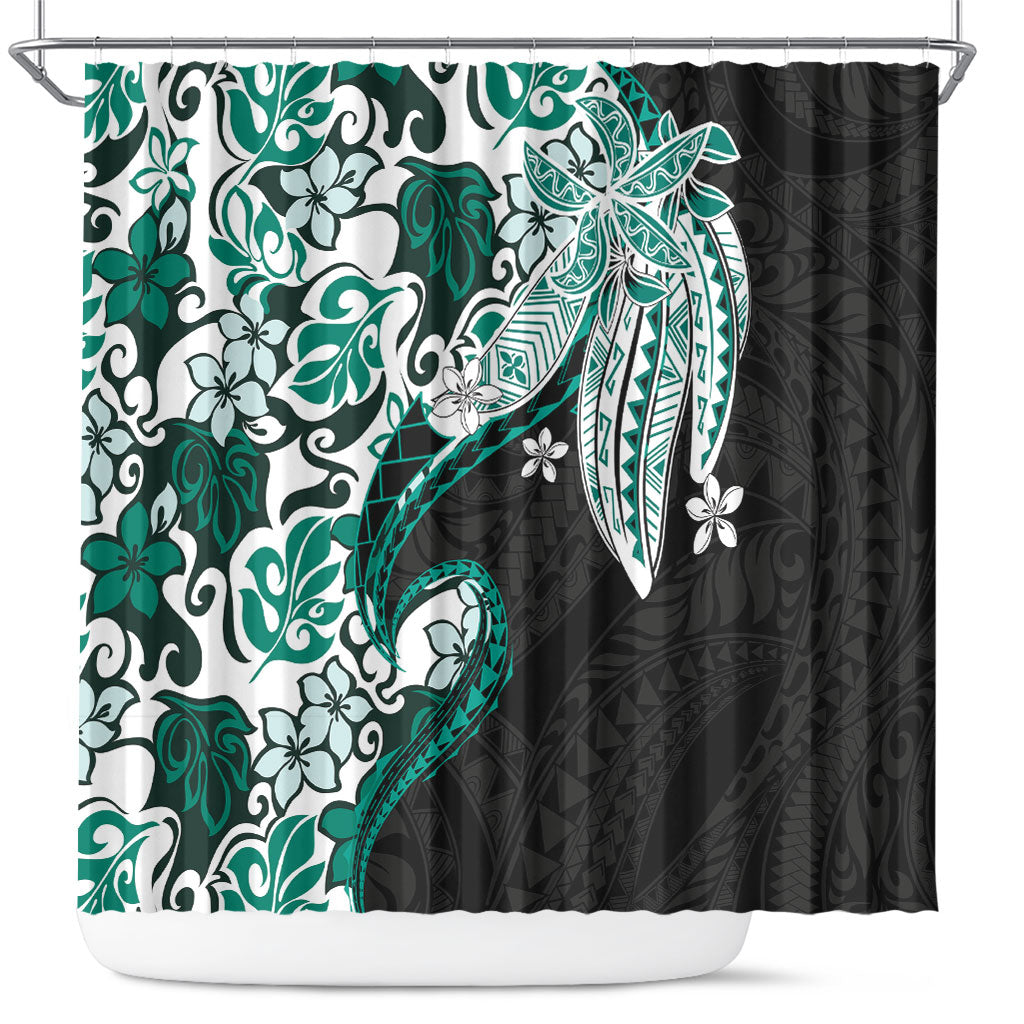 Monstera Plumeria Flowers Teal Shower Curtain Polynesian Pattern