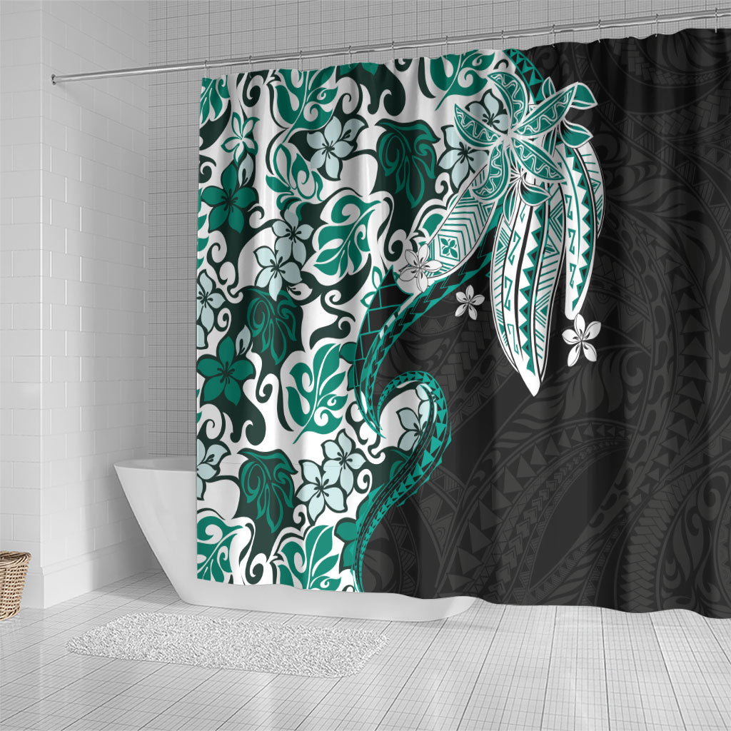 Monstera Plumeria Flowers Teal Shower Curtain Polynesian Pattern