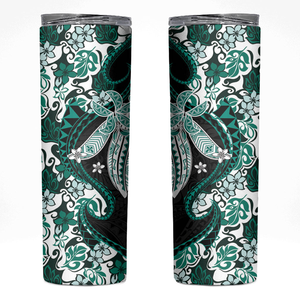 Monstera Plumeria Flowers Teal Skinny Tumbler Polynesian Pattern
