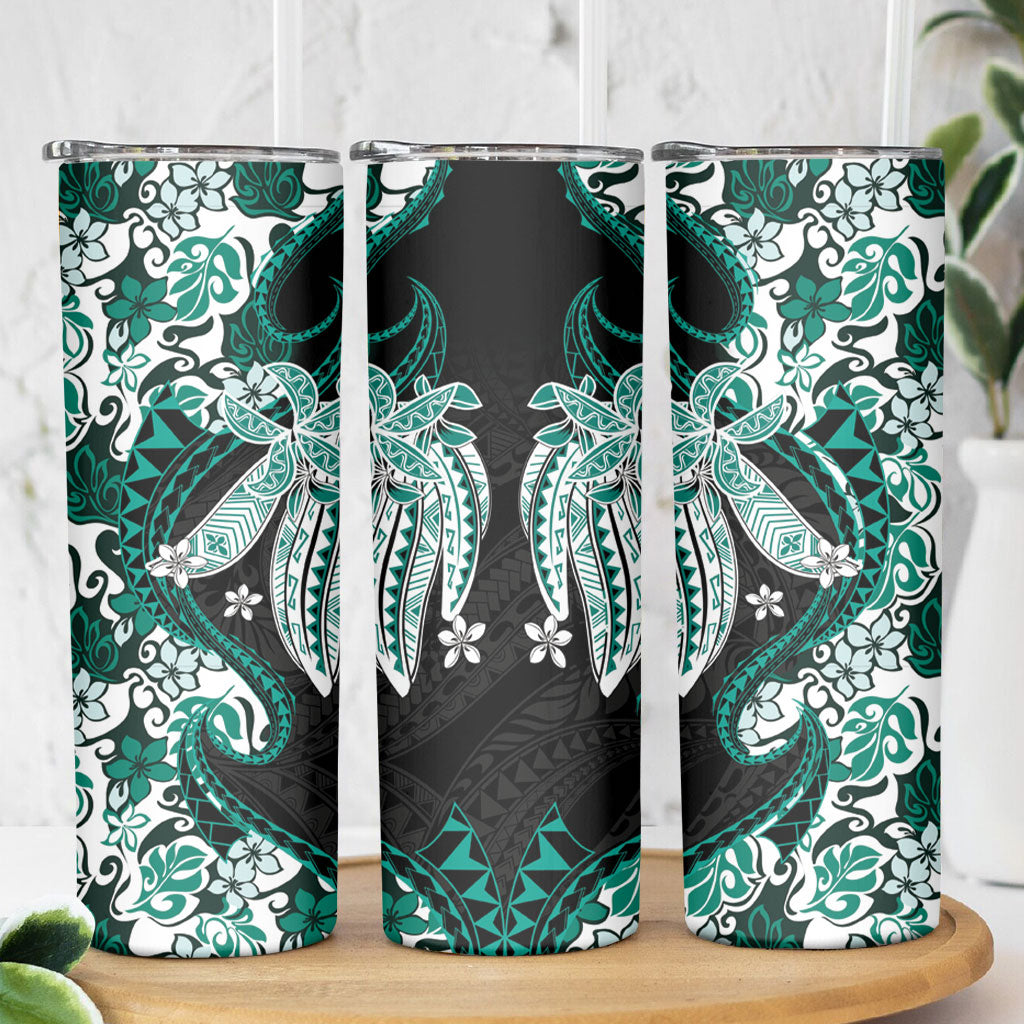 Monstera Plumeria Flowers Teal Skinny Tumbler Polynesian Pattern