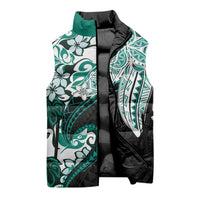 Monstera Plumeria Flowers Teal Sleeveless Puffer Jacket Polynesian Pattern