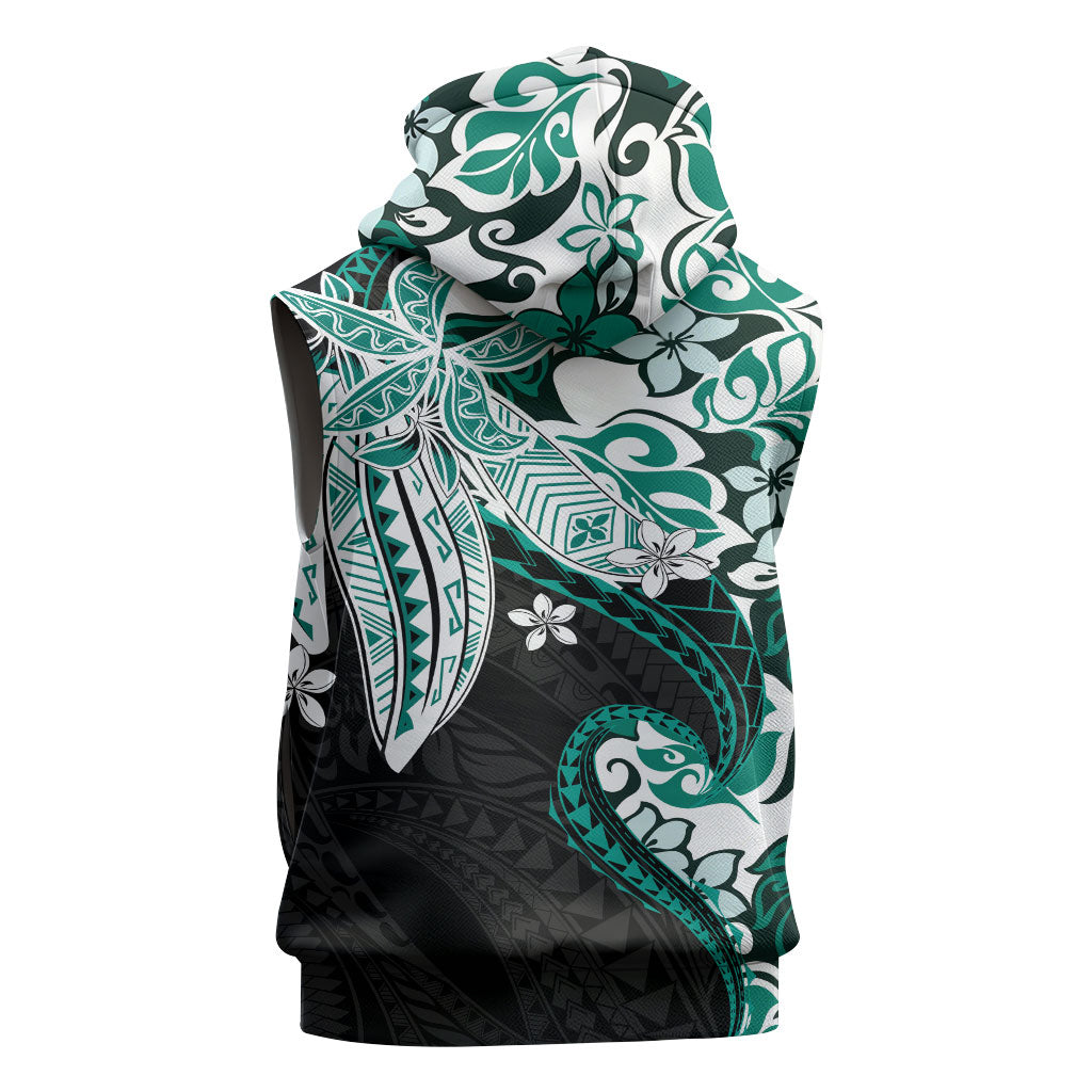 Monstera Plumeria Flowers Teal Sleeveless Zip Hoodie Polynesian Pattern