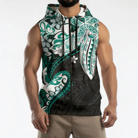 Monstera Plumeria Flowers Teal Sleeveless Zip Hoodie Polynesian Pattern