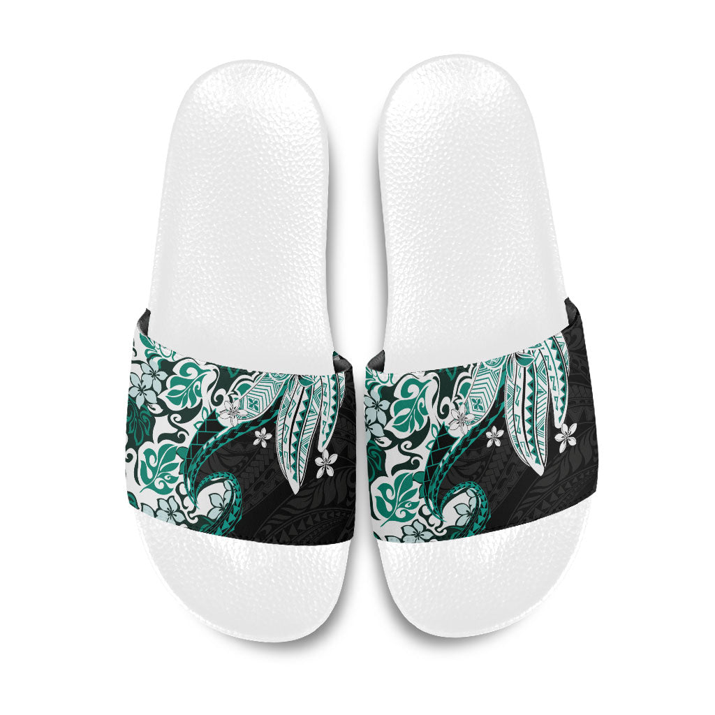 Monstera Plumeria Flowers Teal Slide Sandals Polynesian Pattern