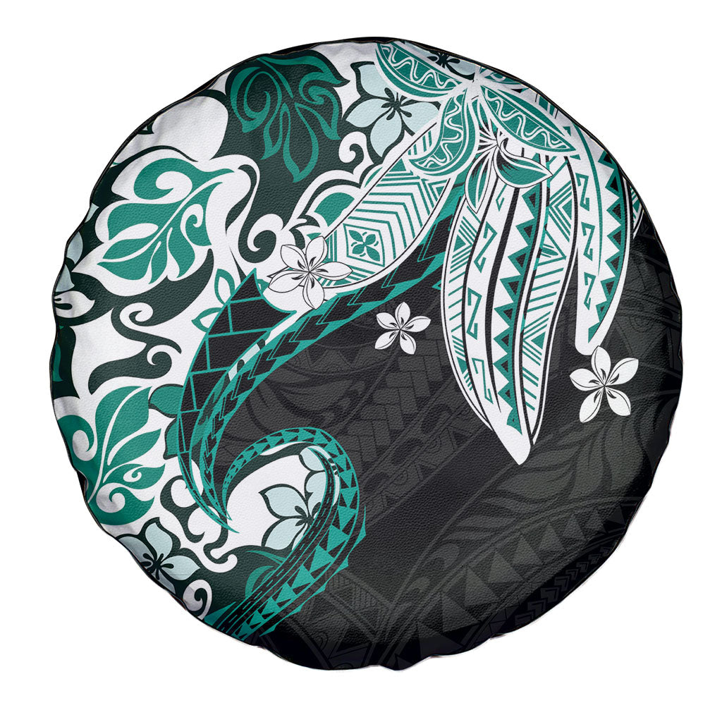 Monstera Plumeria Flowers Teal Spare Tire Cover Polynesian Pattern