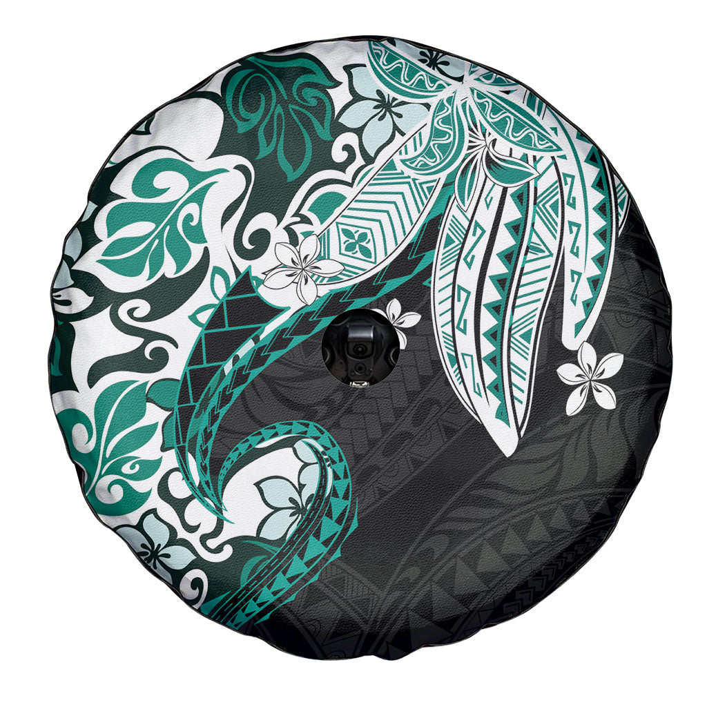Monstera Plumeria Flowers Teal Spare Tire Cover Polynesian Pattern