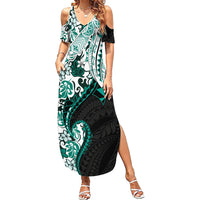 Monstera Plumeria Flowers Teal Summer Maxi Dress Polynesian Pattern