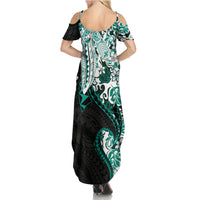 Monstera Plumeria Flowers Teal Summer Maxi Dress Polynesian Pattern
