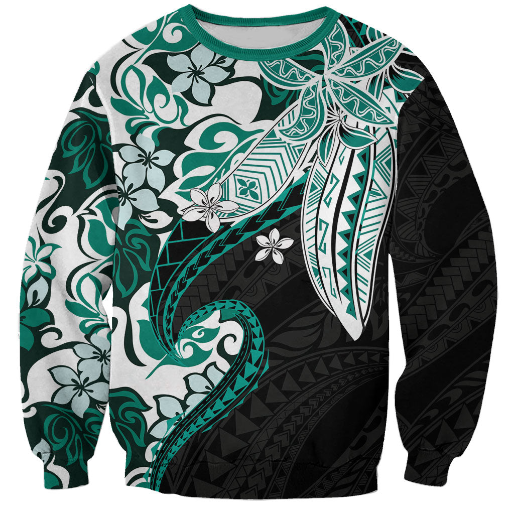 Monstera Plumeria Flowers Teal Sweatshirt Polynesian Pattern