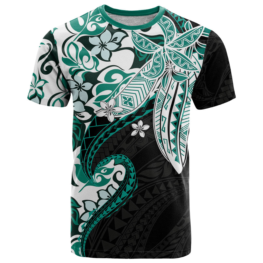 Monstera Plumeria Flowers Teal T Shirt Polynesian Pattern