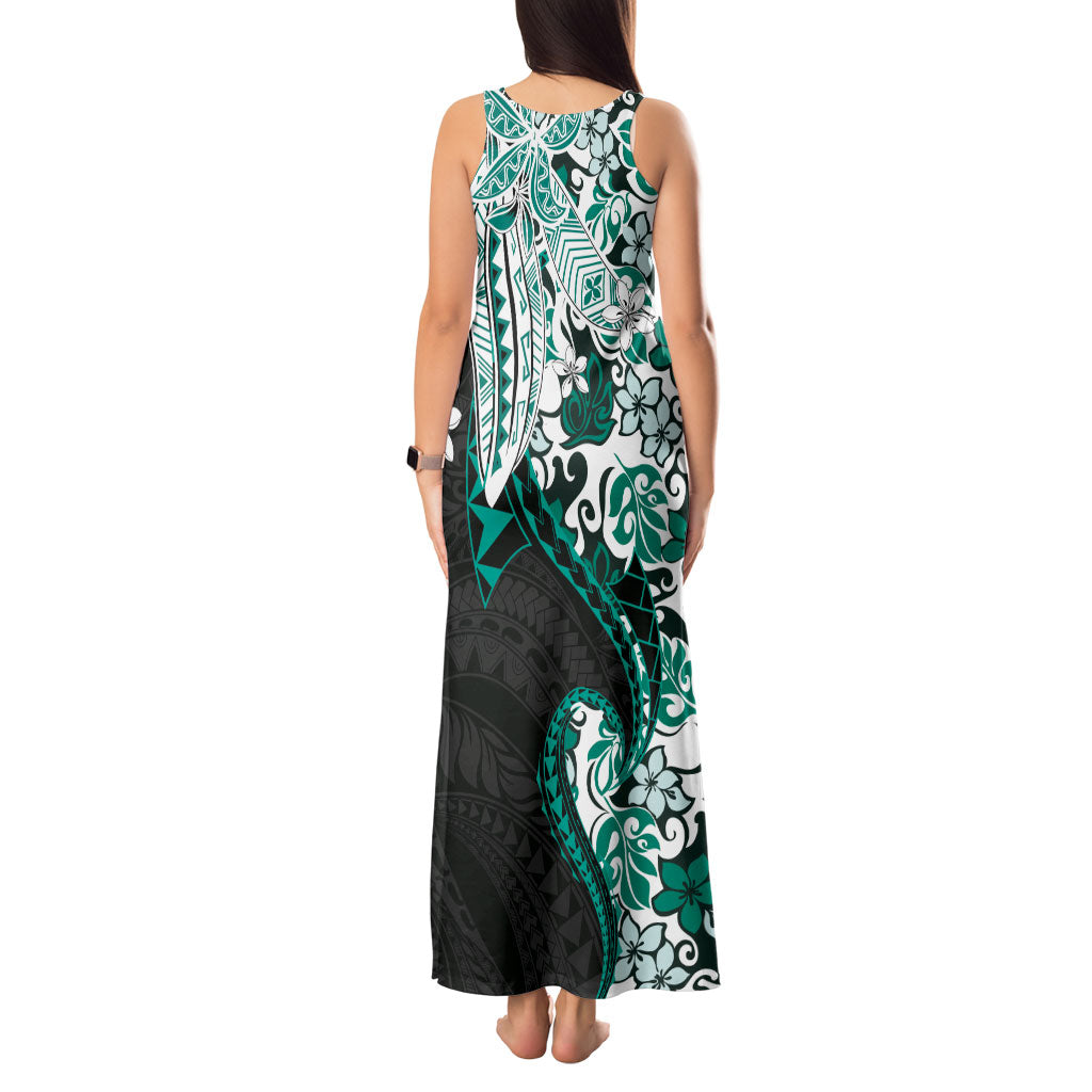 Monstera Plumeria Flowers Teal Tank Maxi Dress Polynesian Pattern