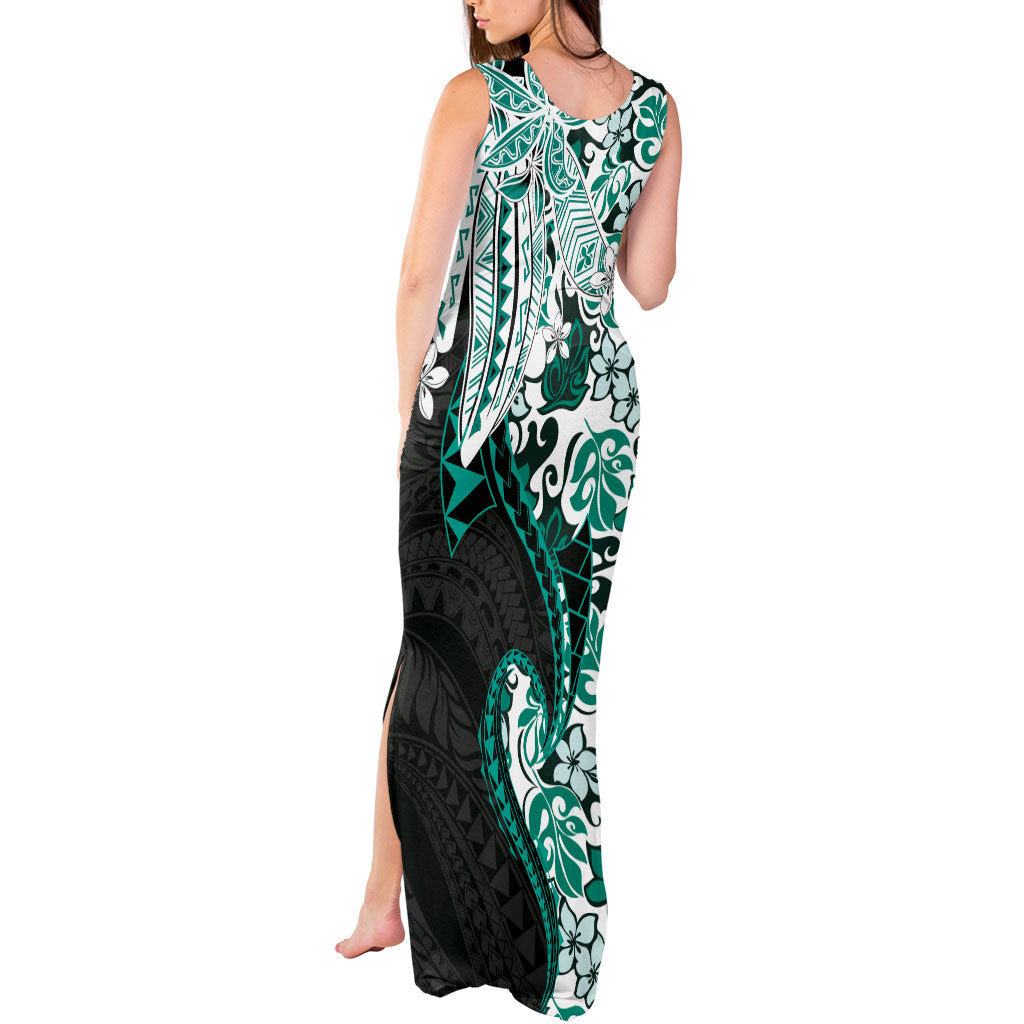 Monstera Plumeria Flowers Teal Tank Maxi Dress Polynesian Pattern
