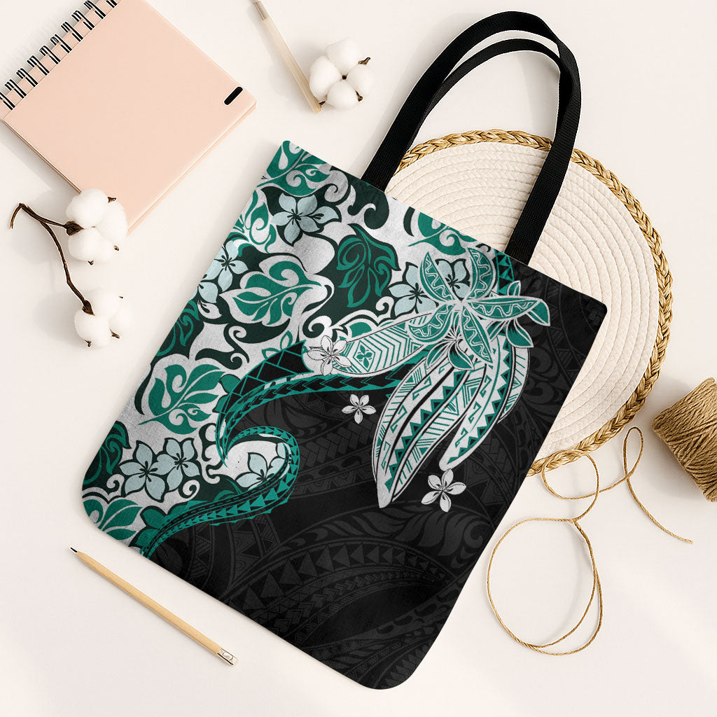 Monstera Plumeria Flowers Teal Tote Bag Polynesian Pattern