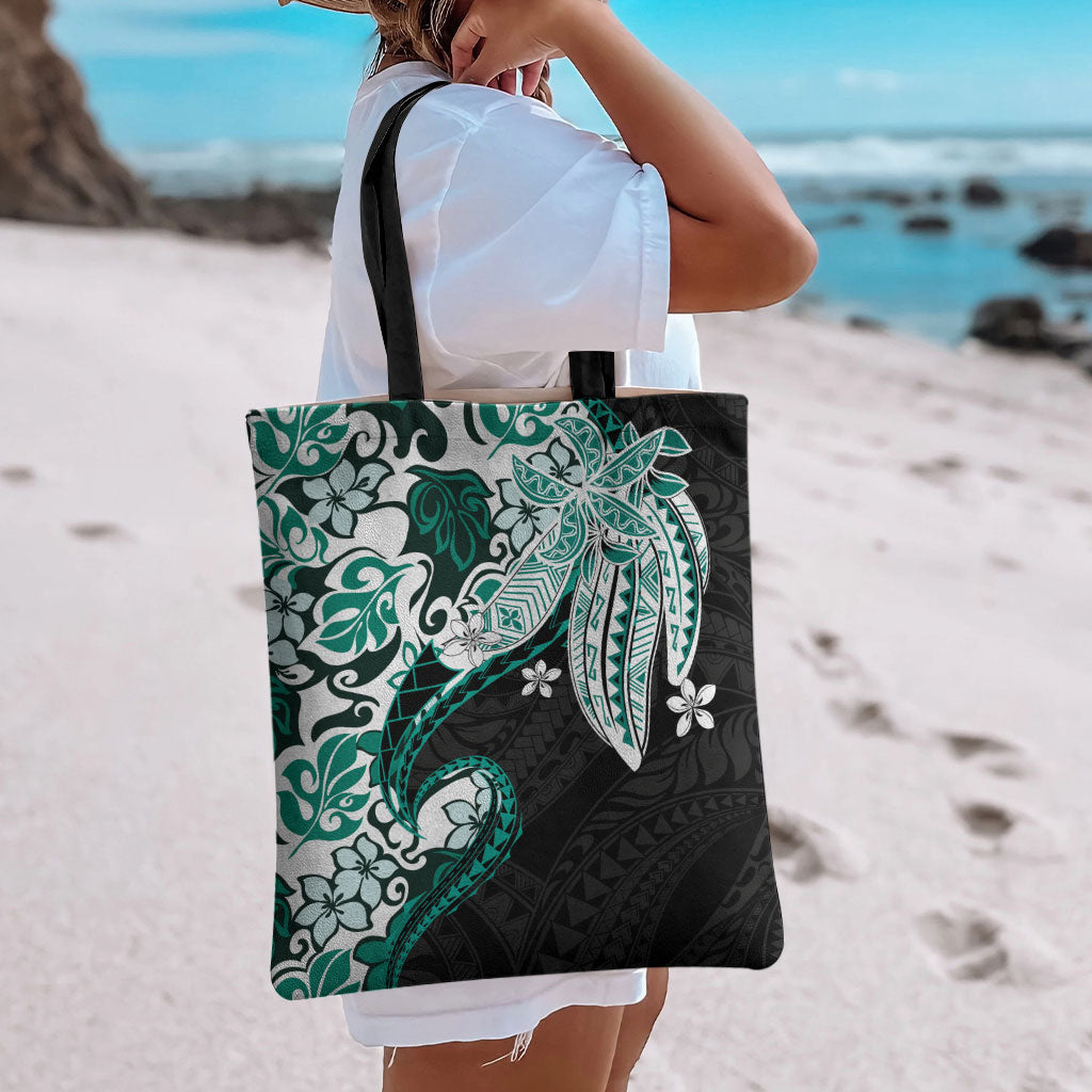 Monstera Plumeria Flowers Teal Tote Bag Polynesian Pattern