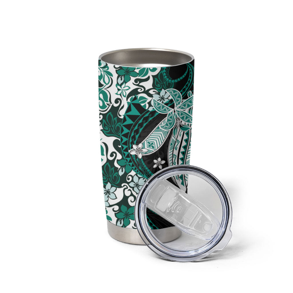 Monstera Plumeria Flowers Teal Tumbler Cup Polynesian Pattern