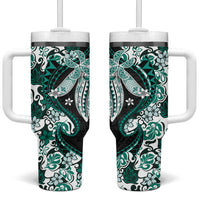 Monstera Plumeria Flowers Teal Tumbler With Handle Polynesian Pattern