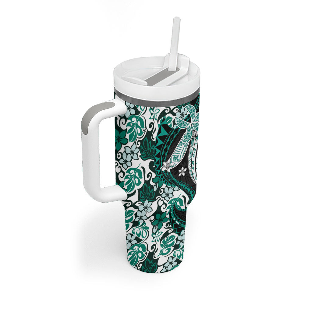 Monstera Plumeria Flowers Teal Tumbler With Handle Polynesian Pattern