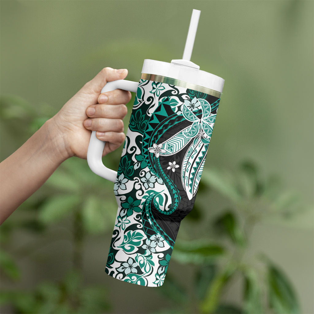 Monstera Plumeria Flowers Teal Tumbler With Handle Polynesian Pattern