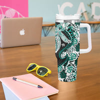 Monstera Plumeria Flowers Teal Tumbler With Handle Polynesian Pattern