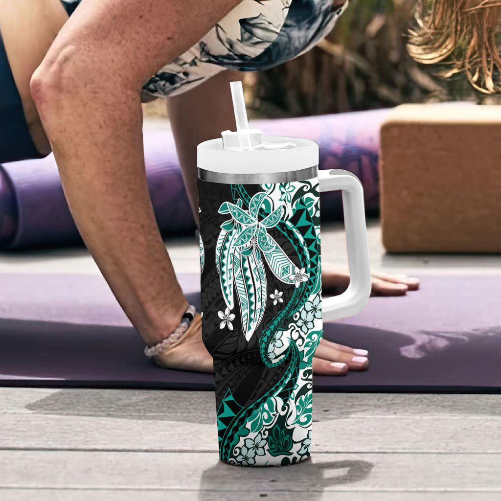 Monstera Plumeria Flowers Teal Tumbler With Handle Polynesian Pattern