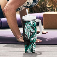 Monstera Plumeria Flowers Teal Tumbler With Handle Polynesian Pattern