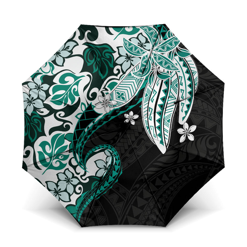Monstera Plumeria Flowers Teal Umbrella Polynesian Pattern