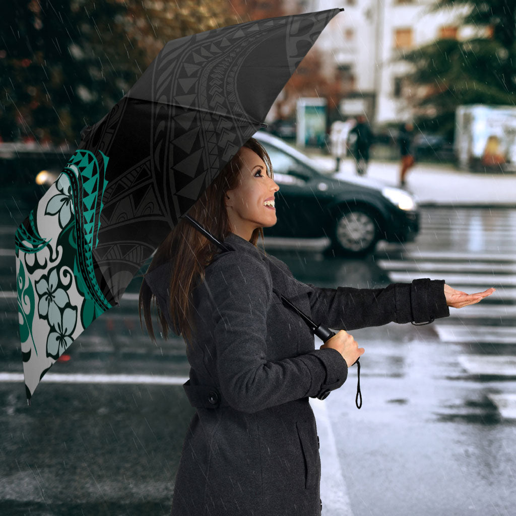 Monstera Plumeria Flowers Teal Umbrella Polynesian Pattern