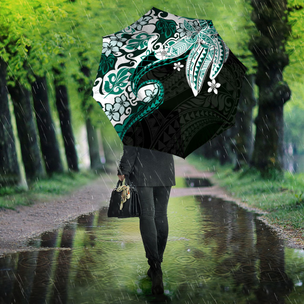 Monstera Plumeria Flowers Teal Umbrella Polynesian Pattern
