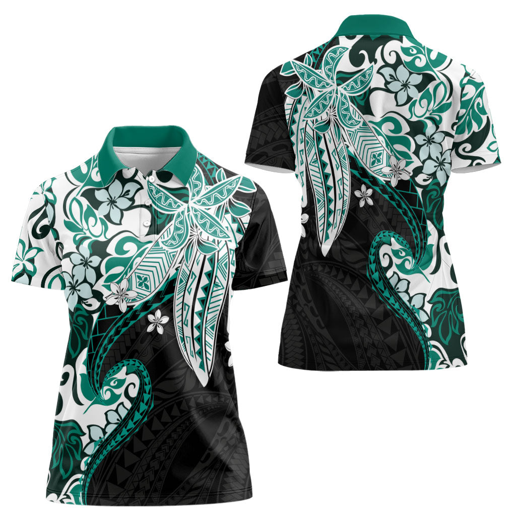 Monstera Plumeria Flowers Teal Women Polo Shirt Polynesian Pattern
