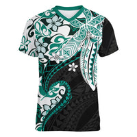 Monstera Plumeria Flowers Teal Women V-Neck T-Shirt Polynesian Pattern
