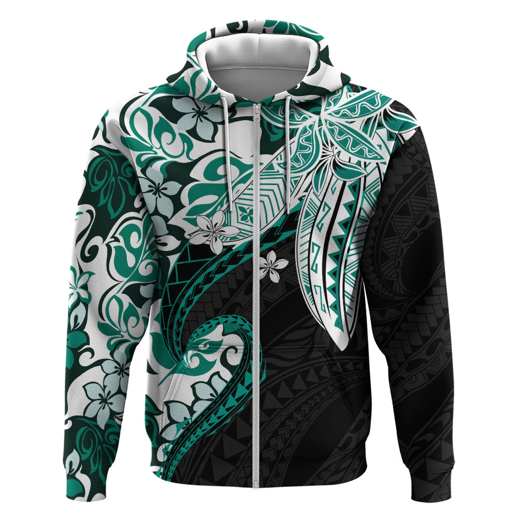 Monstera Plumeria Flowers Teal Zip Hoodie Polynesian Pattern
