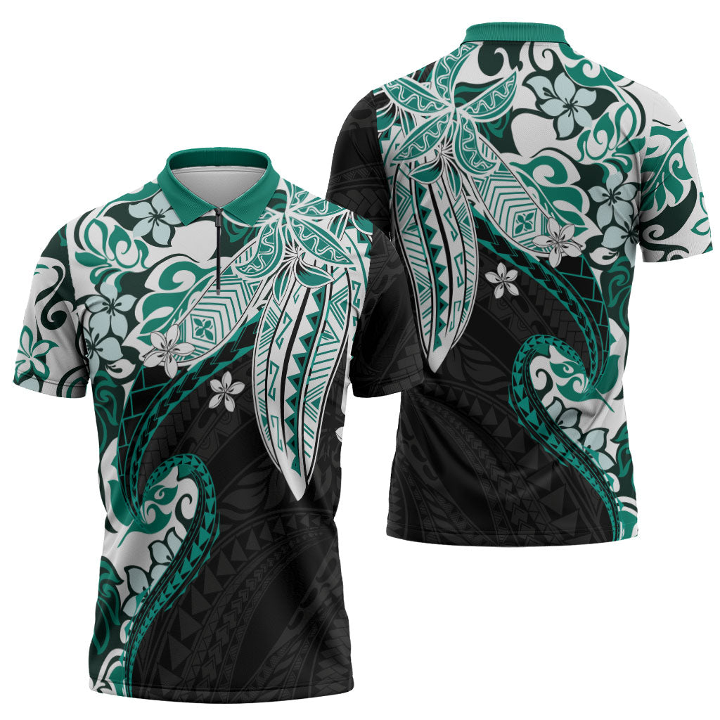 Monstera Plumeria Flowers Teal Zipper Polo Shirt Polynesian Pattern